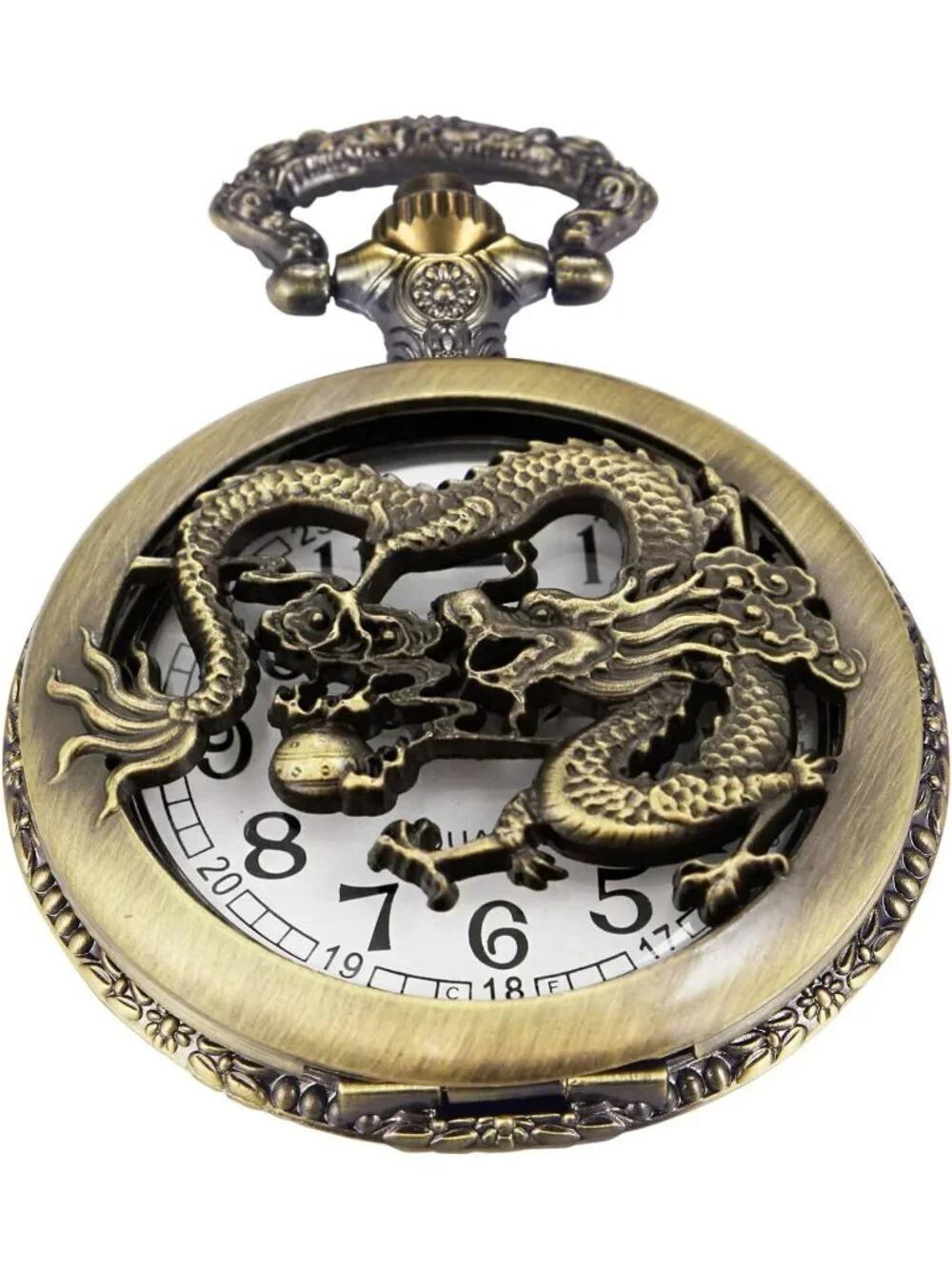Men's Brown Analog Quartz Dragon Shape Pendant Necklace Round Case Pocket Watch